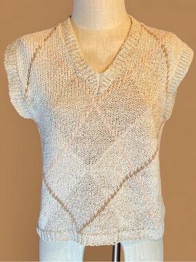 Vintage 80s Cream & Pink Knitted Short Sleeve V-Neck Sweater Vest